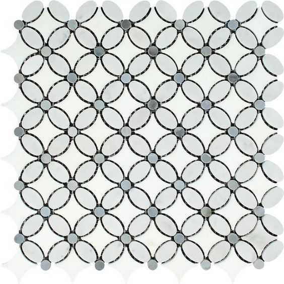 Thassos White Marble Honed Florida Flower Mosaic Tile w/Blue Gray Dots-Marble Mosaic-American Tile Depot