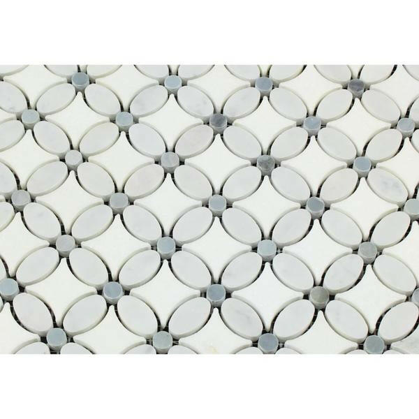 Thassos White Marble Honed Florida Flower Mosaic Tile w/Blue Gray Dots-Marble Mosaic-American Tile Depot