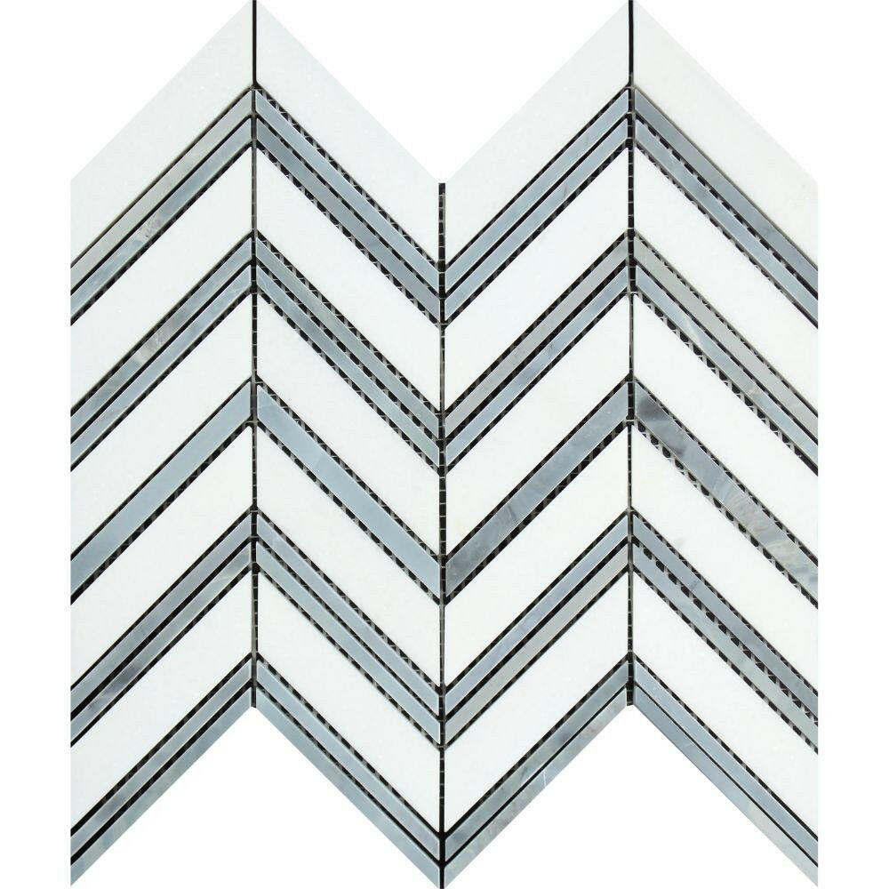 Thassos White Marble Honed Large Chevron Mosaic Tile w / Blue-Gray Dots Strips-Marble Mosaic-American Tile Depot