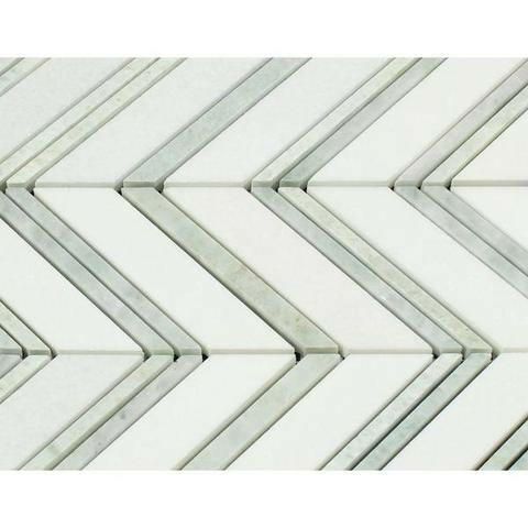 Thassos White Marble Honed Large Chevron Mosaic Tile w / Ming-Green Dots Strips-Marble Mosaic-American Tile Depot