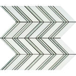 Thassos White Marble Honed Large Chevron Mosaic Tile w / Ming-Green Dots Strips-Marble Mosaic-American Tile Depot