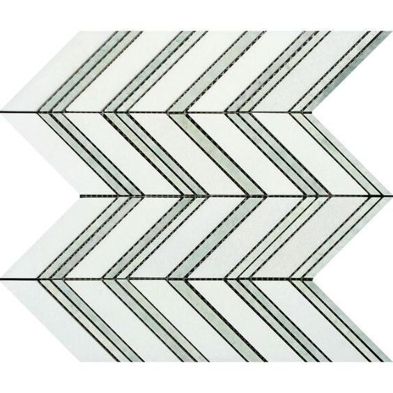 Thassos White Marble Honed Large Chevron Mosaic Tile w / Ming-Green Dots Strips-Marble Mosaic-American Tile Depot