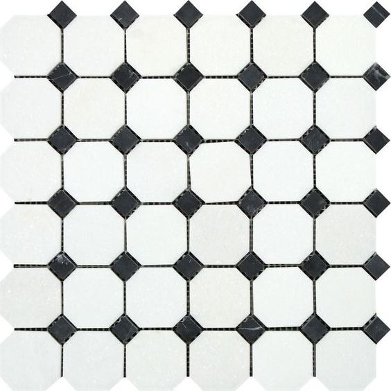 Thassos White Marble Honed Octagon Mosaic Tile w/ Black Dots-Marble Mosaic-American Tile Depot