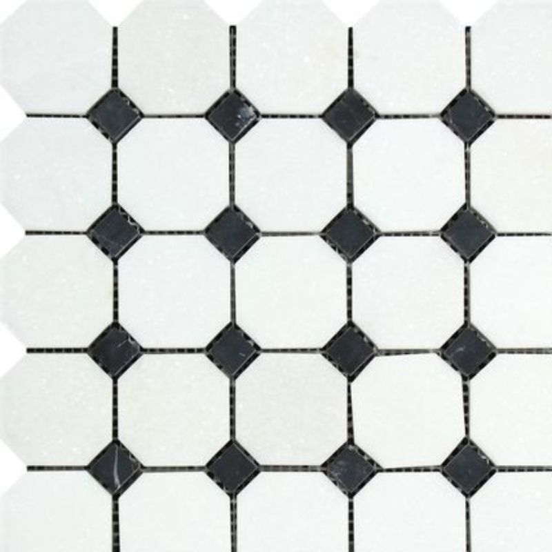 Thassos White Marble Honed Octagon Mosaic Tile w/ Black Dots-Marble Mosaic-American Tile Depot