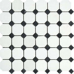 Thassos White Marble Honed Octagon Mosaic Tile w/ Black Dots-Marble Mosaic-American Tile Depot