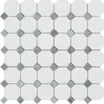 Thassos White Marble Honed Octagon Mosaic Tile w/ Blue Gray Dots-Marble Mosaic-American Tile Depot