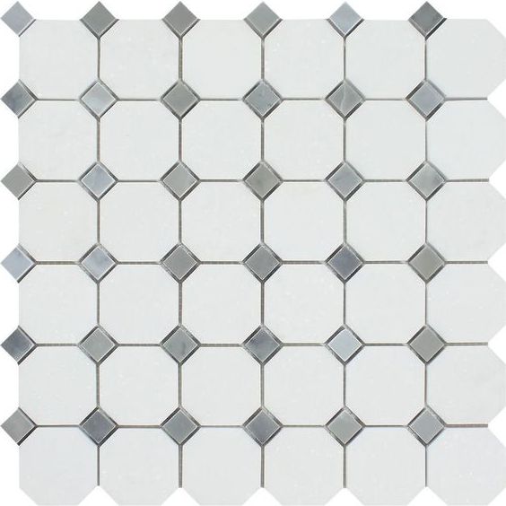 Thassos White Marble Honed Octagon Mosaic Tile w/ Blue Gray Dots-Marble Mosaic-American Tile Depot