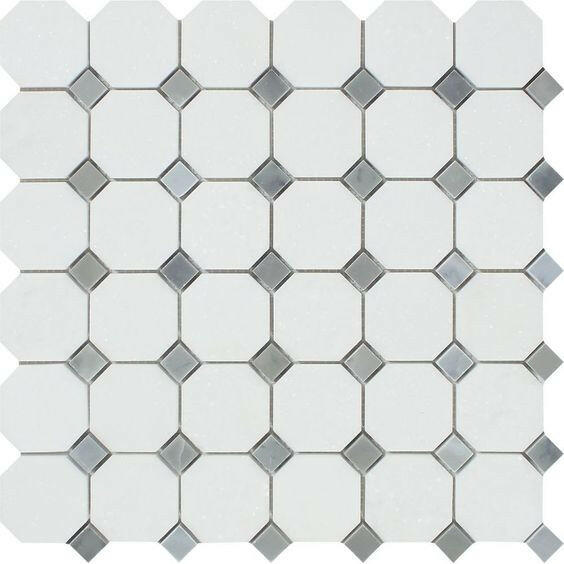 Thassos White Marble Honed Octagon Mosaic Tile w/ Blue Gray Dots-Marble Mosaic-American Tile Depot