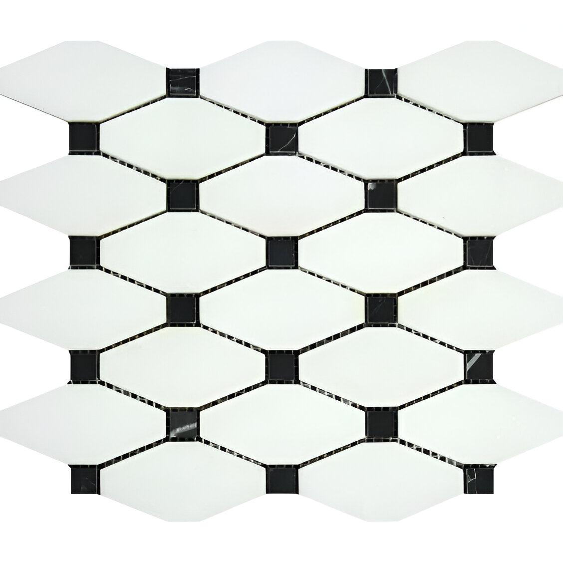 Thassos White Marble Honed Octave Pattern Mosaic Tile w/ Black Dots-Marble Mosaic-American Tile Depot