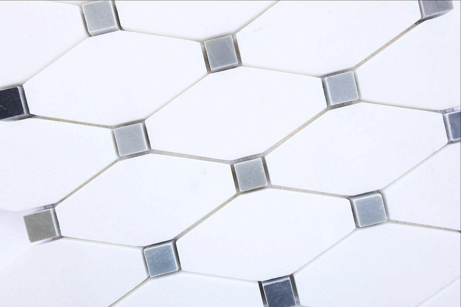 Thassos White Marble Honed Octave Pattern Mosaic Tile w/ Blue-Gray Dots-Marble Mosaic-American Tile Depot