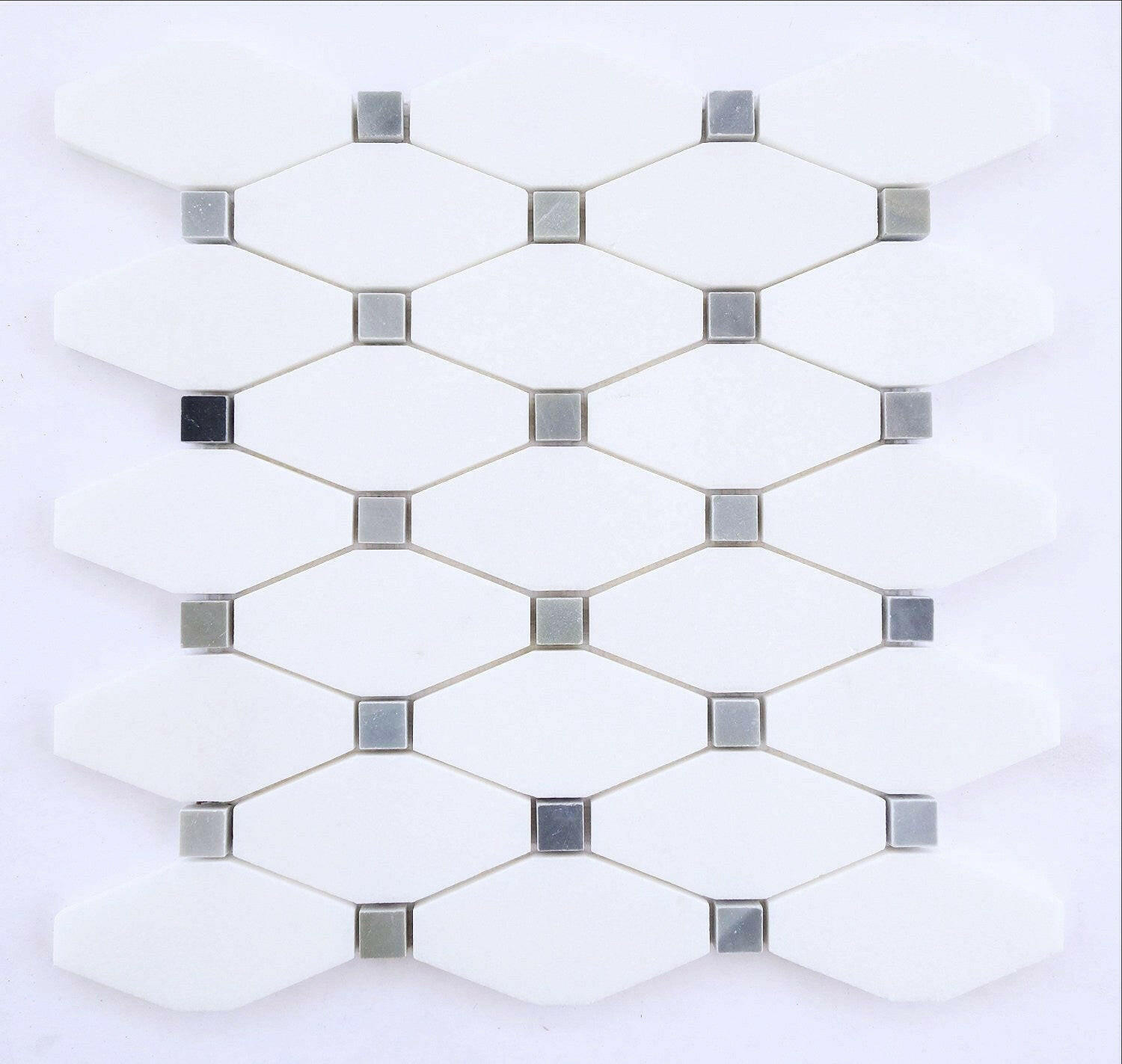 Thassos White Marble Honed Octave Pattern Mosaic Tile w/ Blue-Gray Dots-Marble Mosaic-American Tile Depot