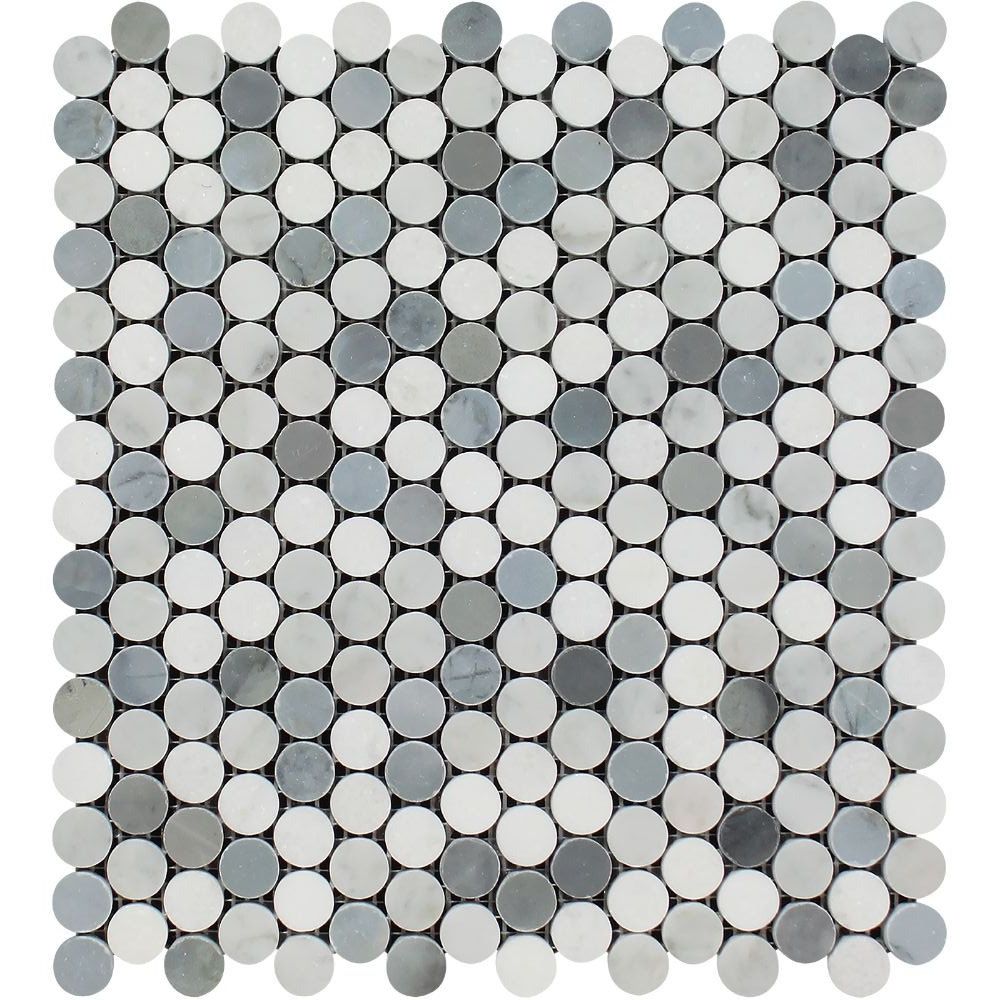 Thassos White Marble Honed Penny Round Mosaic Tile w/ Blue Gray Dots-Marble Mosaic-American Tile Depot