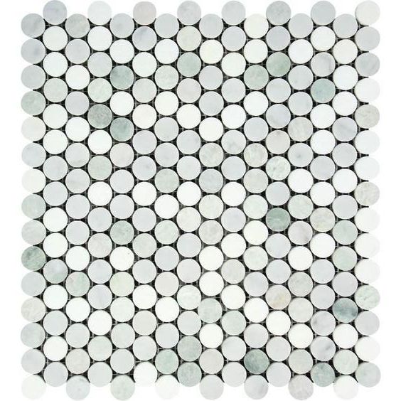 Thassos White Marble Honed Penny Round Mosaic Tile w/ Ming Green Dots-Marble Mosaic-American Tile Depot