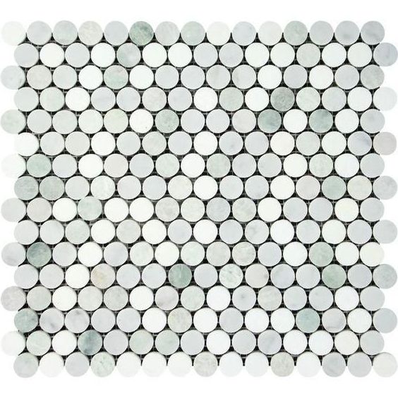 Thassos White Marble Honed Penny Round Mosaic Tile w/ Ming Green Dots-Marble Mosaic-American Tile Depot