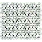 Thassos White Marble Honed Penny Round Mosaic Tile w/ Ming Green Dots-Marble Mosaic-American Tile Depot