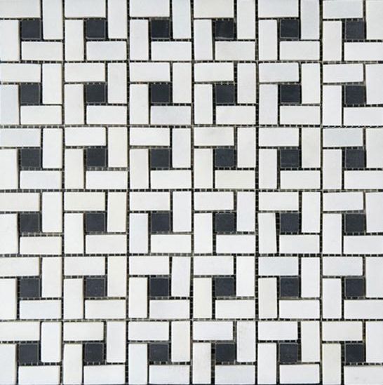 Thassos White Marble Honed Pinwheel Mosaic Tile w/ Black Dots-Marble Mosaic-American Tile Depot