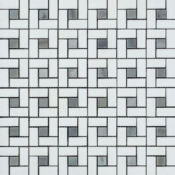 Thassos White Marble Honed Pinwheel Mosaic Tile w/ Blue-Gray Dots-Marble Mosaic-American Tile Depot