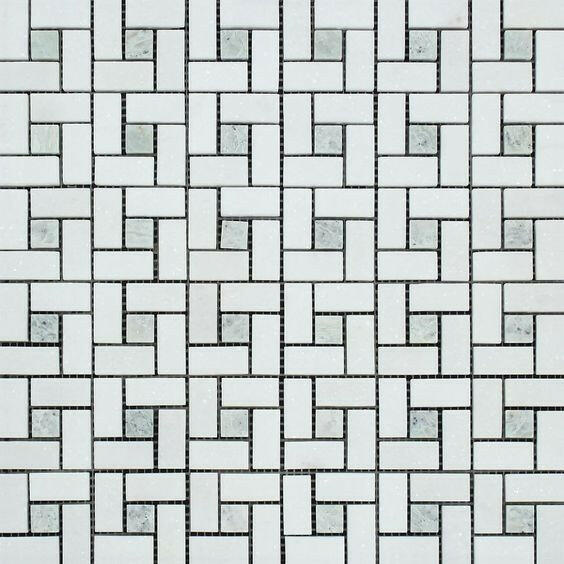 Thassos White Marble Honed Pinwheel Mosaic Tile w/ Ming-Green Dots-Marble Mosaic-American Tile Depot