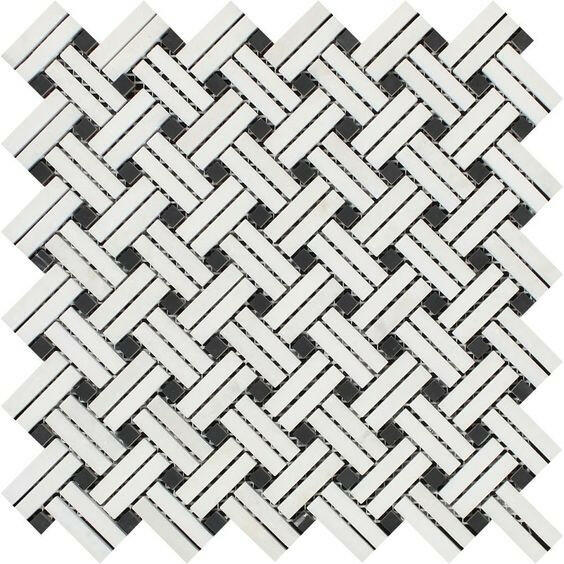 Thassos White Marble Honed Stanza Basketweave Mosaic Tile w/ Black Dots-Marble Mosaic-American Tile Depot