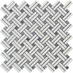 Thassos White Marble Honed Stanza Basketweave Mosaic Tile w/ Blue-gray Dots-Marble Mosaic-American Tile Depot