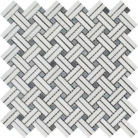 Thassos White Marble Honed Stanza Basketweave Mosaic Tile w/ Blue-gray Dots-Marble Mosaic-American Tile Depot