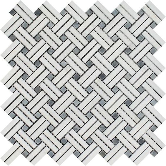 Thassos White Marble Honed Stanza Basketweave Mosaic Tile w/ Blue-gray Dots-Marble Mosaic-American Tile Depot