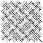 Thassos White Marble Honed Stanza Basketweave Mosaic Tile w/ Blue-gray Dots-Marble Mosaic-American Tile Depot