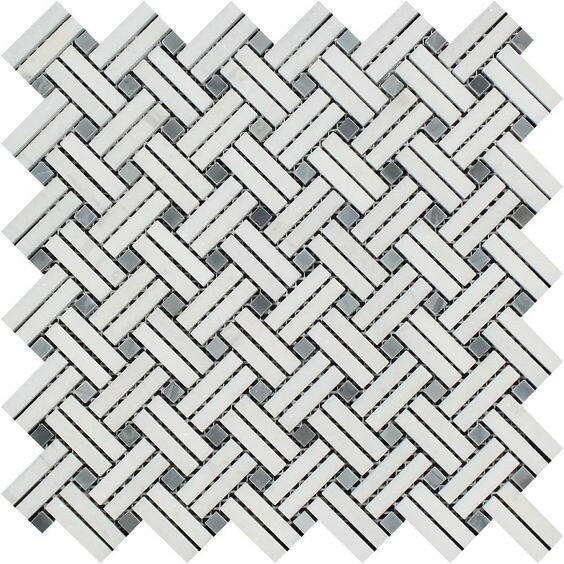 Thassos White Marble Honed Stanza Basketweave Mosaic Tile w/ Blue-gray Dots-Marble Mosaic-American Tile Depot