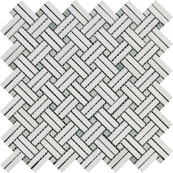 Thassos White Marble Honed Stanza Basketweave Mosaic Tile w/ Ming Green Dots-Marble Mosaic-American Tile Depot