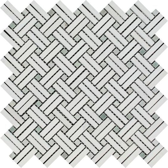 Thassos White Marble Honed Stanza Basketweave Mosaic Tile w/ Ming Green Dots-Marble Mosaic-American Tile Depot