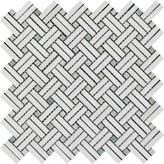 Thassos White Marble Honed Stanza Basketweave Mosaic Tile w/ Ming Green Dots-Marble Mosaic-American Tile Depot