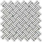 Thassos White Marble Honed Stanza Basketweave Mosaic Tile w/ Ming Green Dots-Marble Mosaic-American Tile Depot