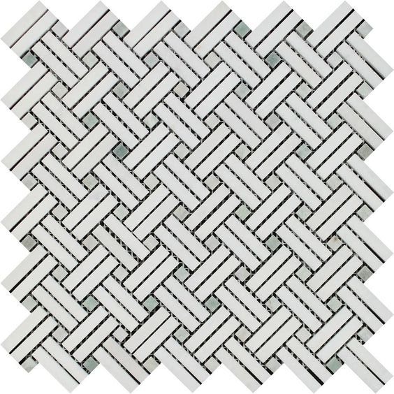 Thassos White Marble Honed Stanza Basketweave Mosaic Tile w/ Ming Green Dots-Marble Mosaic-American Tile Depot