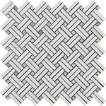 Thassos White Marble Honed Stanza Basketweave Mosaic Tile w/ Ming Green Dots-Marble Mosaic-American Tile Depot