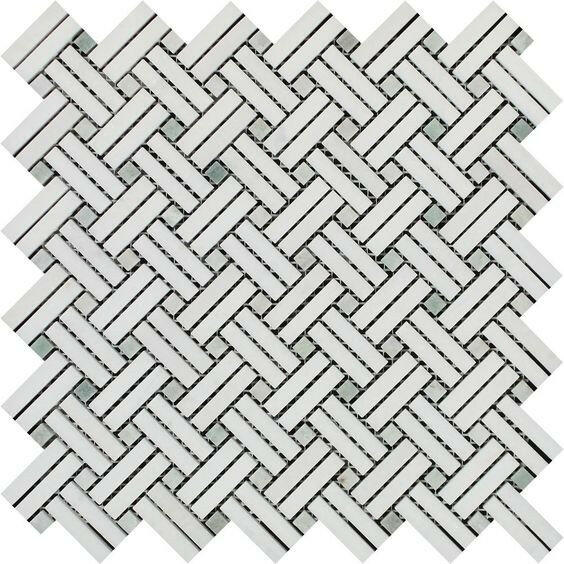 Thassos White Marble Honed Stanza Basketweave Mosaic Tile w/ Ming Green Dots-Marble Mosaic-American Tile Depot