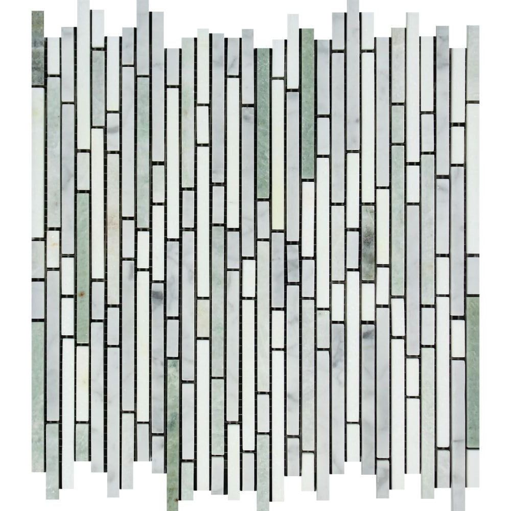 Thassos White Marble Honed Tricolor ( Thassos +Carrara +Ming-Green ) Bamboo Sticks Mosaic-Marble Mosaic-American Tile Depot