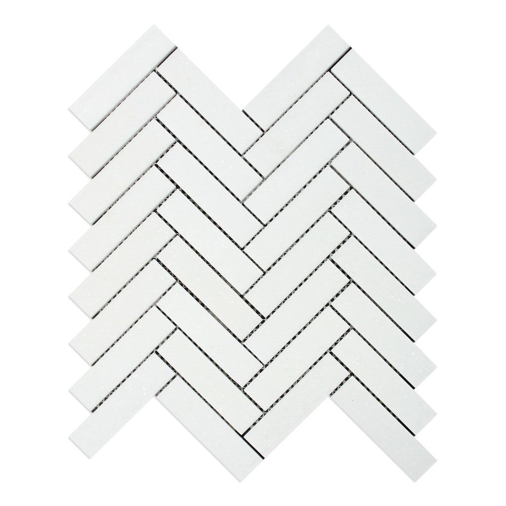 Thassos White Marble Polished 1 x 4 Herringbone Mosaic Tile-Marble Mosaic-American Tile Depot