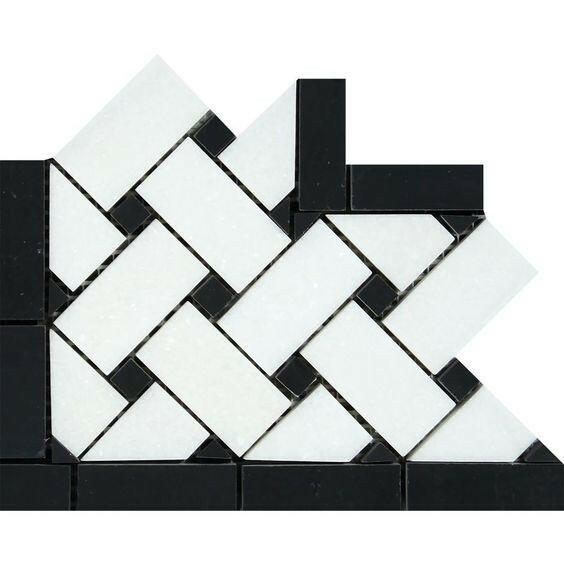 Thassos White Marble Polished Basketweave Border Corner w / Black Dots-Marble Border-American Tile Depot