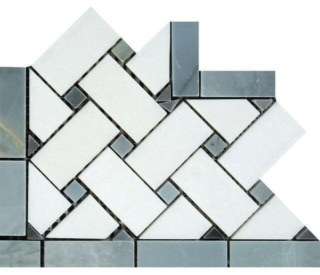 Thassos White Marble Polished Basketweave Border Corner w / Blue-Gray Dots-Marble Border-American Tile Depot