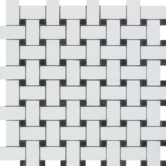 Thassos White Marble Polished Basketweave Mosaic Tile w/ Black Dots-Marble Mosaic-American Tile Depot