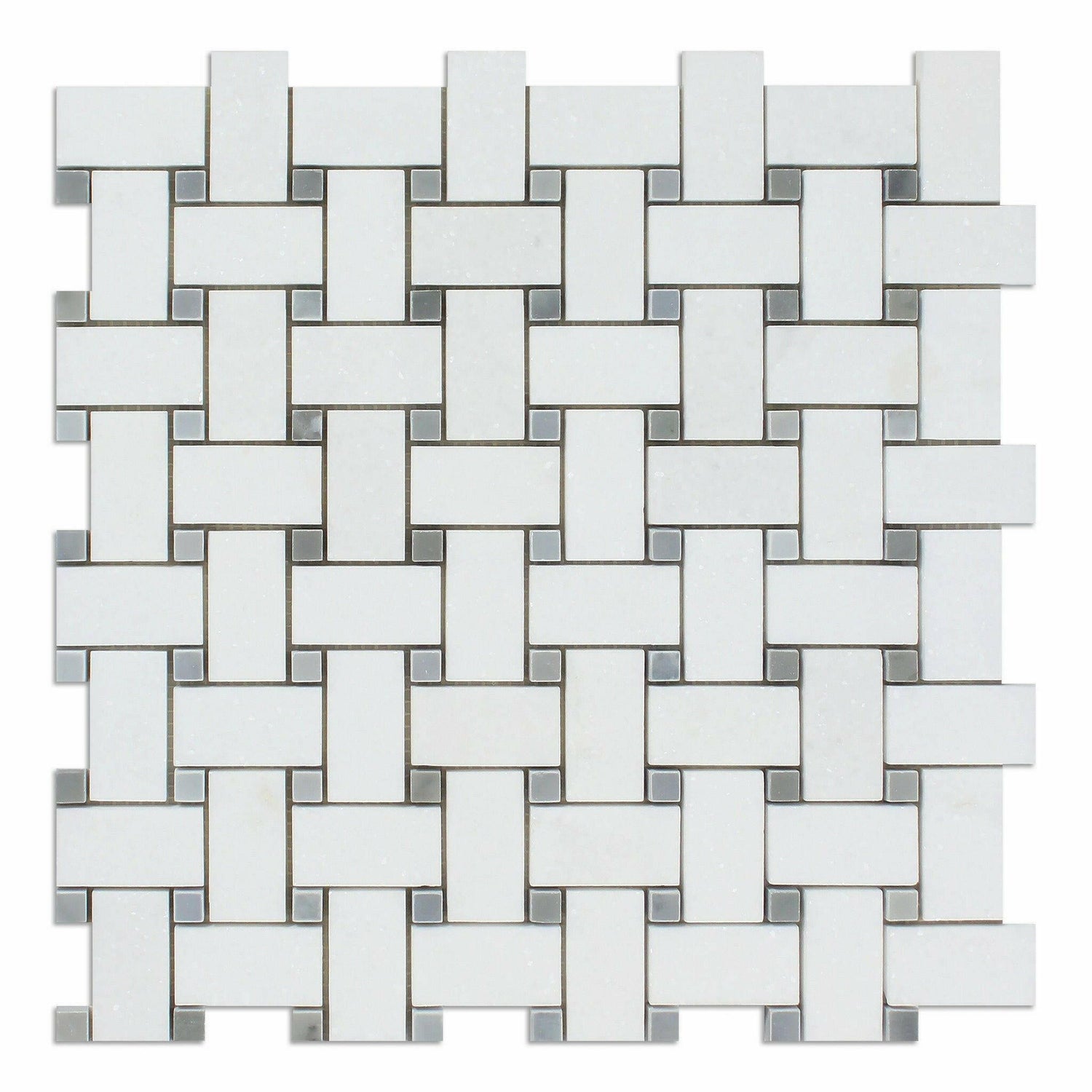 Thassos White Marble Polished Basketweave Mosaic Tile w/ Blue-Gray Dots-Marble Mosaic-American Tile Depot