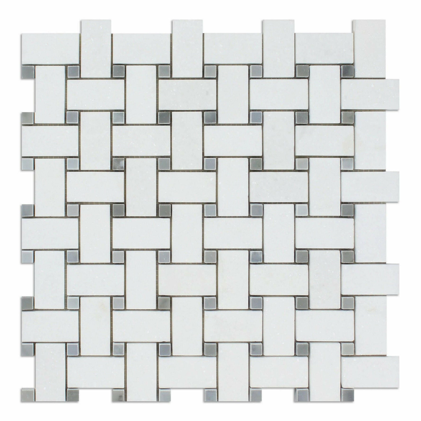 Thassos White Marble Polished Basketweave Mosaic Tile w/ Blue-Gray Dots-Marble Mosaic-American Tile Depot