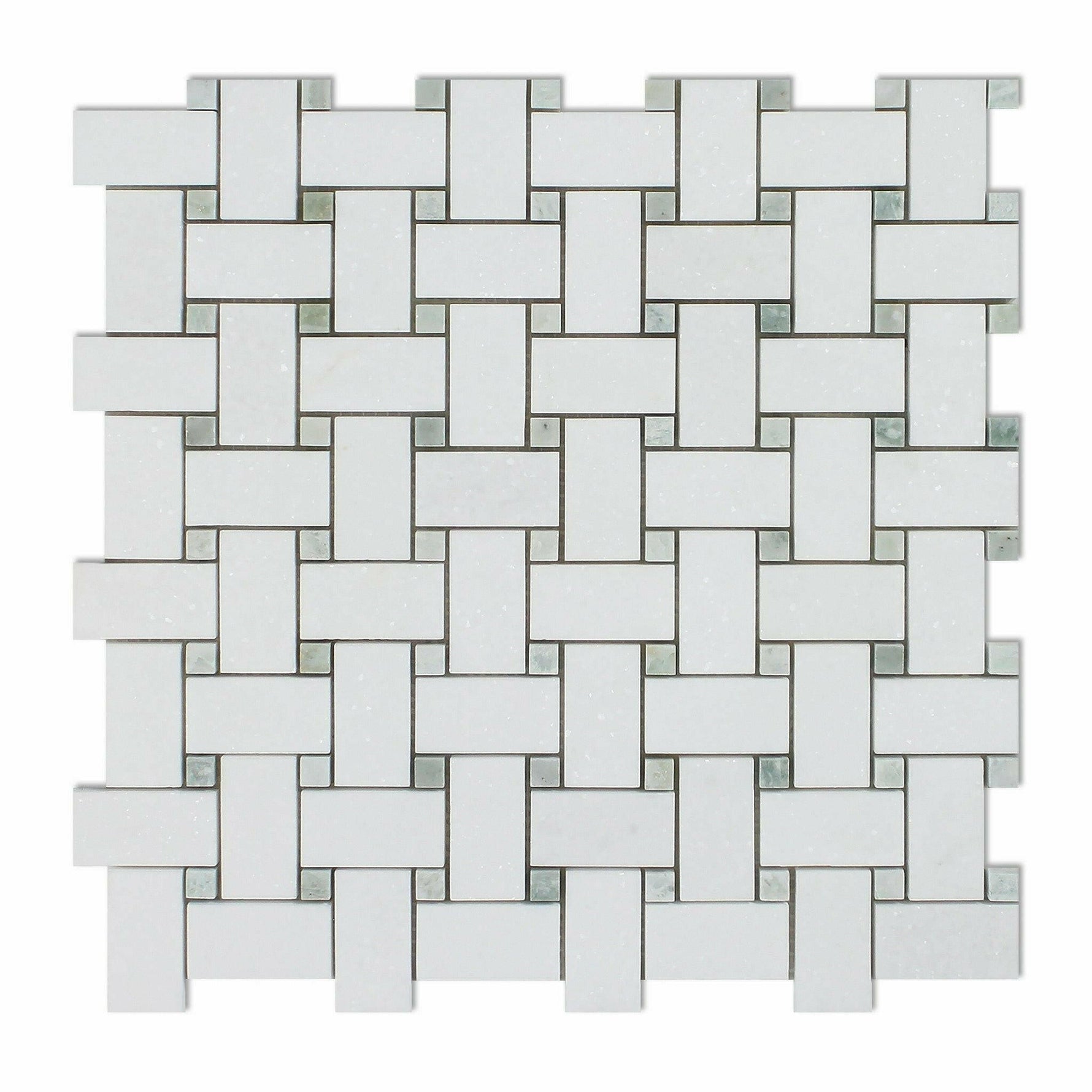 Thassos White Marble Polished Basketweave Mosaic Tile w/ Ming-Green Dots-Marble Mosaic-American Tile Depot