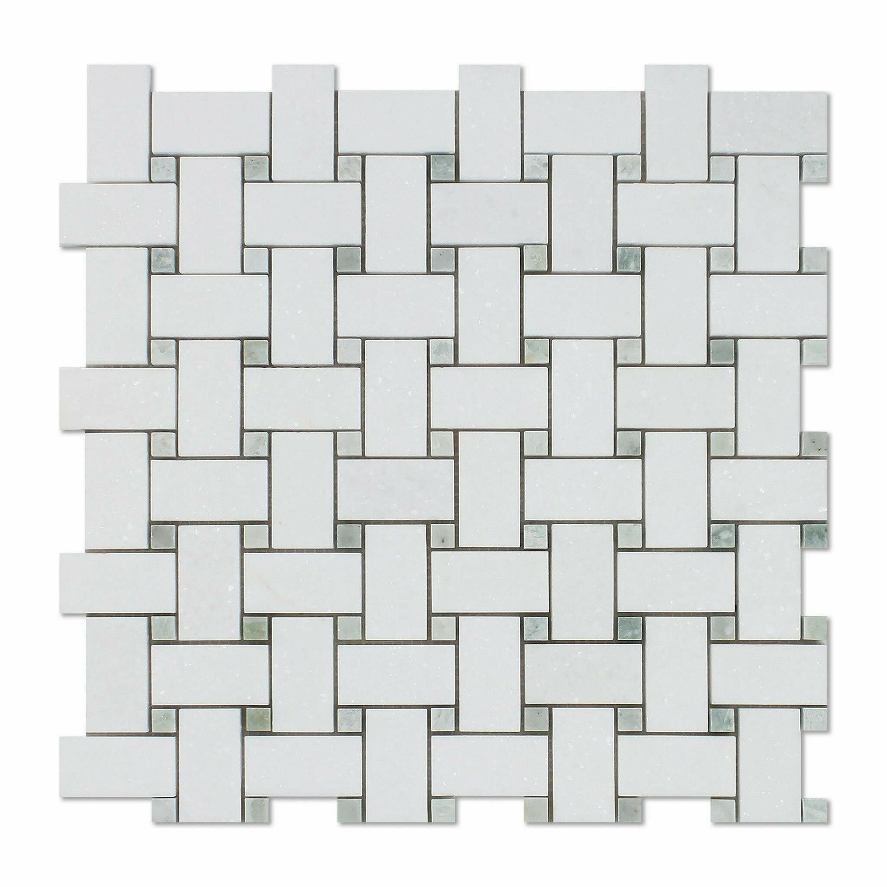 Thassos White Marble Polished Basketweave Mosaic Tile w/ Ming-Green Dots-Marble Mosaic-American Tile Depot