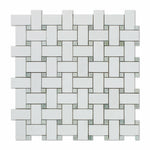 Thassos White Marble Polished Basketweave Mosaic Tile w/ Ming-Green Dots-Marble Mosaic-American Tile Depot