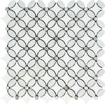 Thassos White Marble Polished Florida Flower Mosaic Tile w/ Ming Green Dots-Marble Mosaic-American Tile Depot