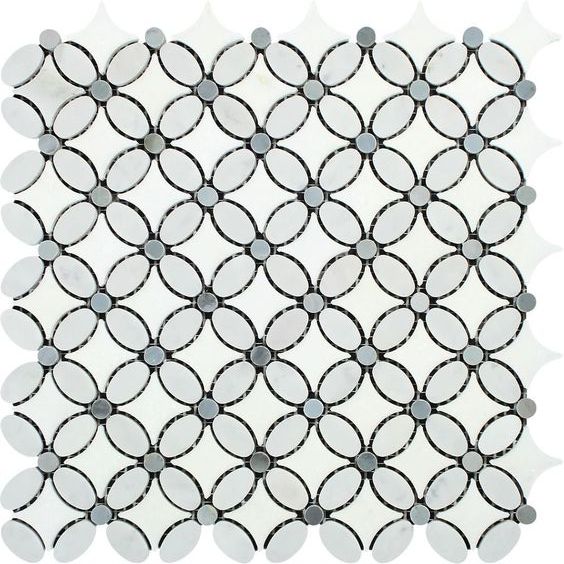 Thassos White Marble Polished Florida Flower Mosaic Tile w/Blue Gray Dots-Marble Mosaic-American Tile Depot