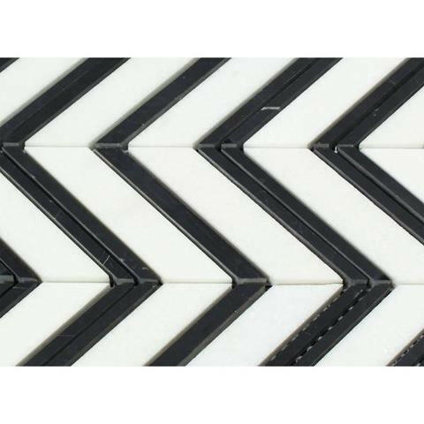 Thassos White Marble Polished Large Chevron Mosaic Tile w / Black Dots Strips-Marble Mosaic-American Tile Depot