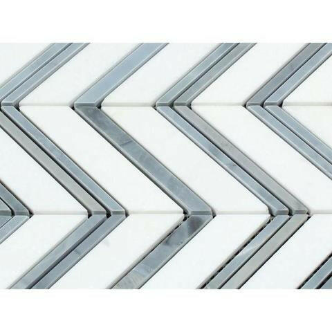 Thassos White Marble Polished Large Chevron Mosaic Tile w / Blue-Gray Dots Strips-Marble Mosaic-American Tile Depot