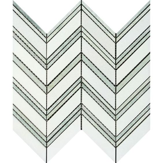 Thassos White Marble Polished Large Chevron Mosaic Tile w / Ming-Green Dots Strips-Marble Mosaic-American Tile Depot